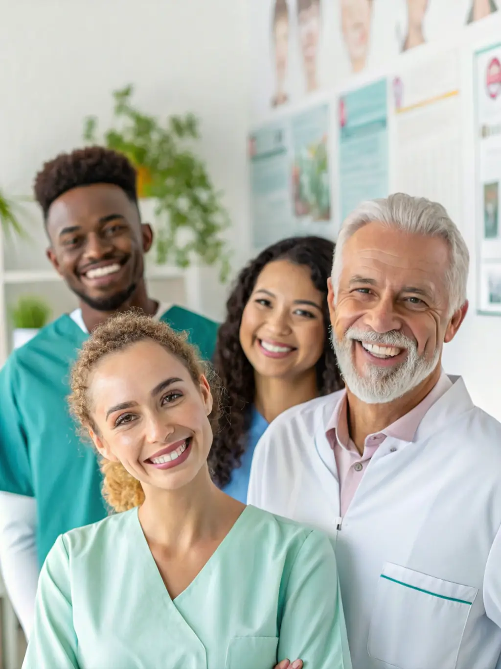 A diverse team of dental professionals collaborating on a patient's treatment plan, showcasing the clinic's commitment to personalized care.