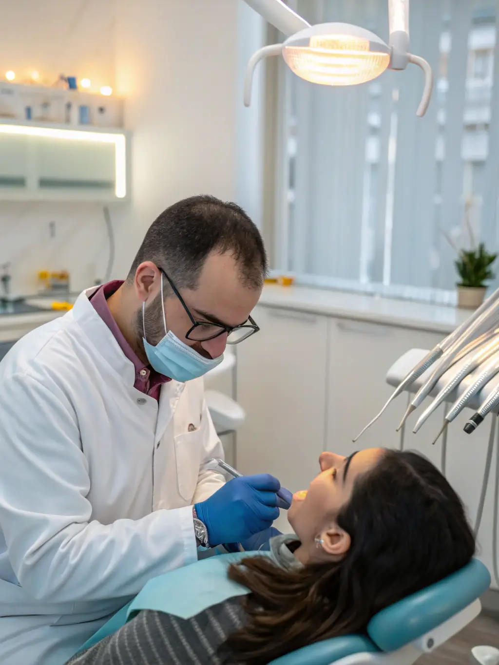 A friendly dentist performing a routine check-up on a smiling patient in a modern, well-lit dental clinic. The focus is on preventative care and patient comfort.