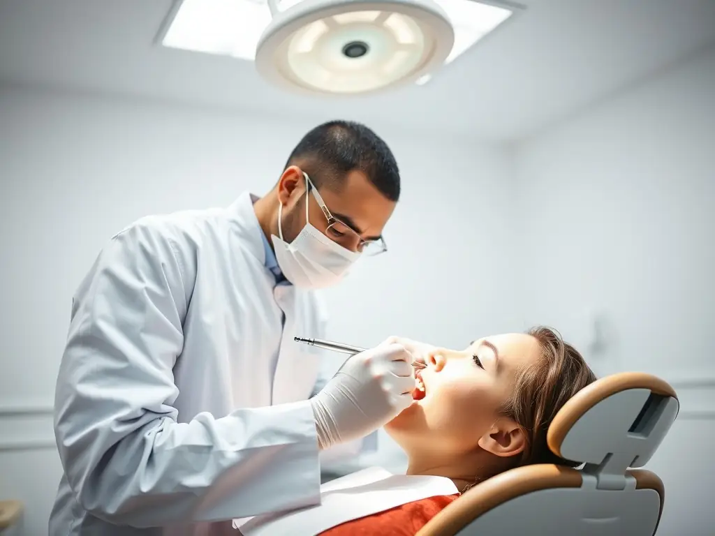 A dentist performing a routine dental cleaning on a patient in a modern dental clinic setting. The image should convey professionalism and care.