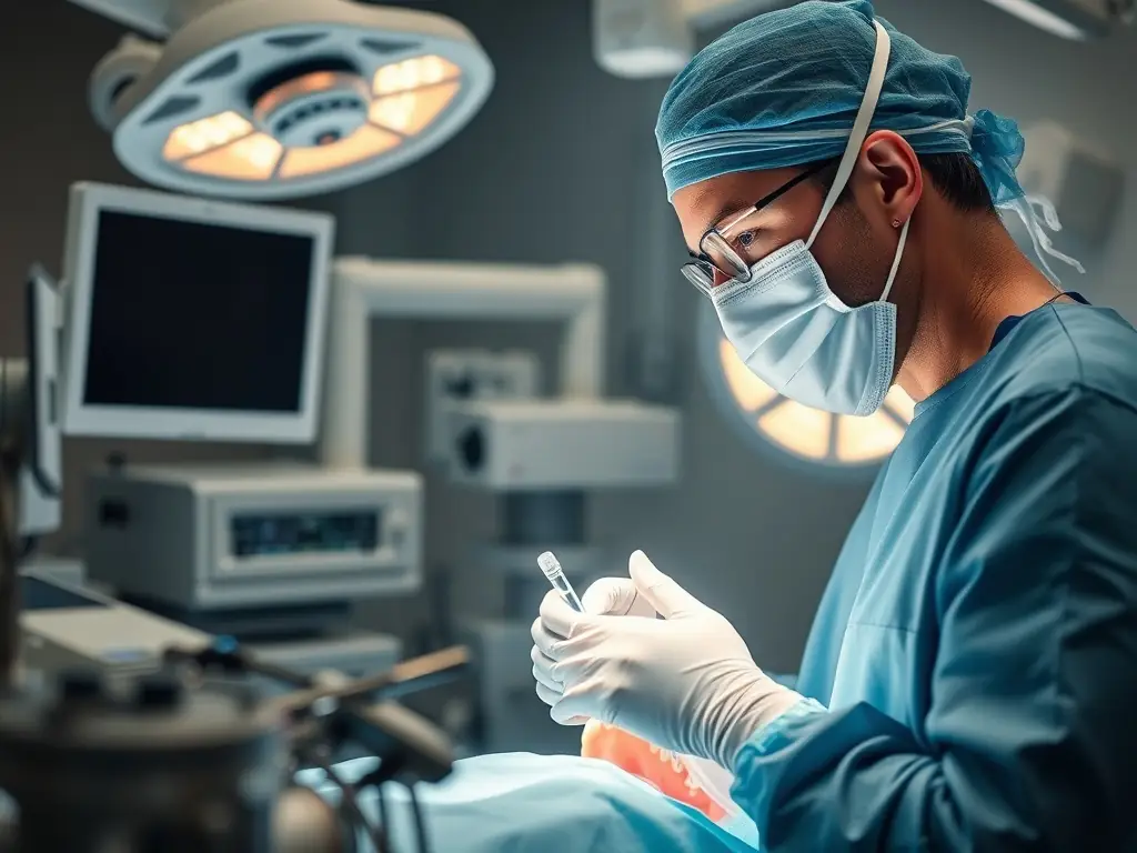 A dentist performing a surgical procedure, such as a tooth extraction, in a sterile and well-equipped operating room. The image should convey expertise and precision.