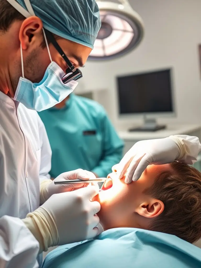 A skilled dental surgeon performing a surgical tooth extraction using advanced equipment in a sterile environment. The image emphasizes precision and care.