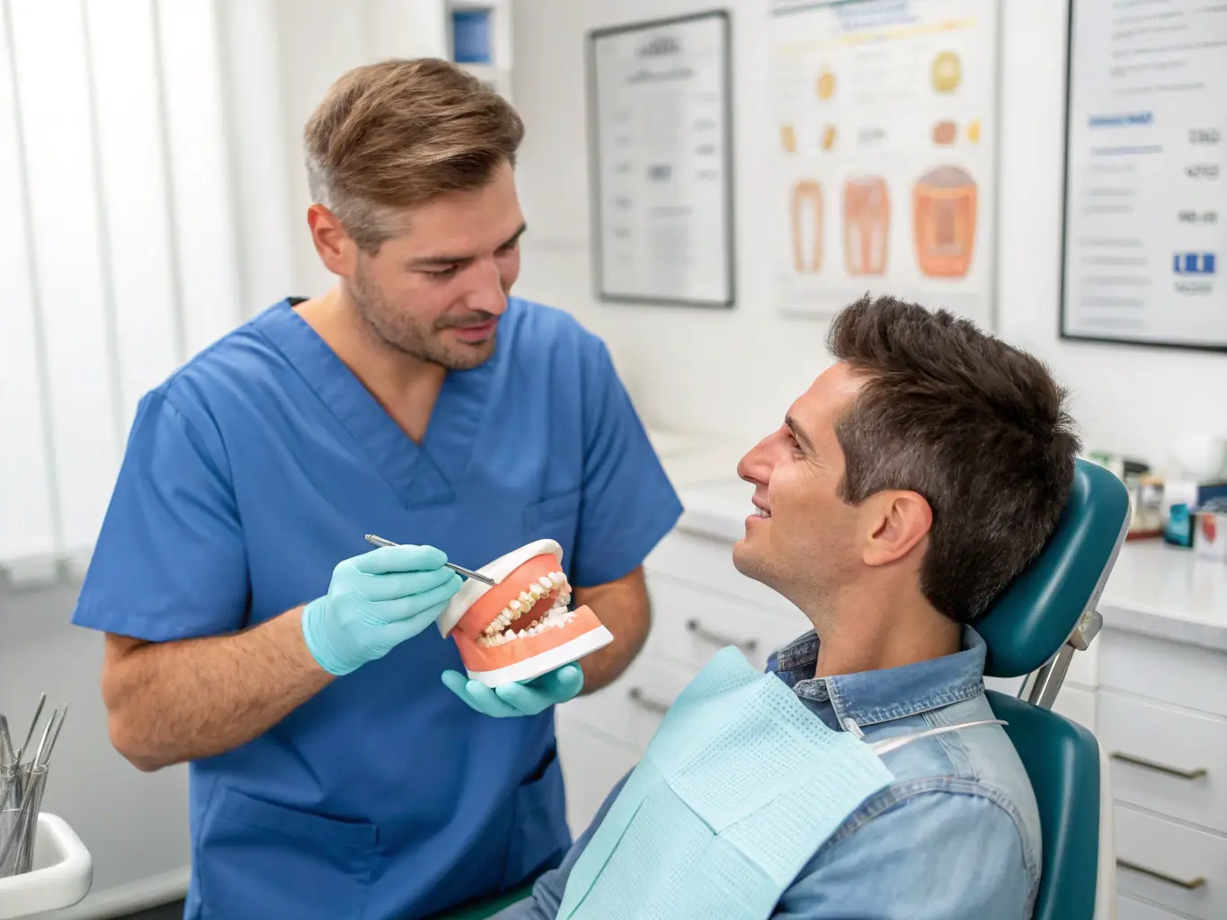 A dentist explaining the wisdom teeth extraction procedure to a patient using a model of the jaw. The image should convey clear communication and patient education.